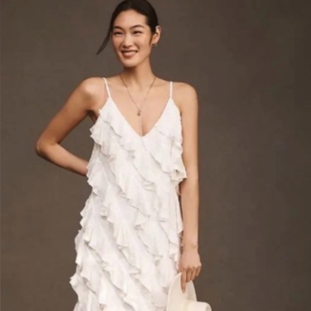 BHLDN Jia Bias-Cut Ruffle V‑Neck Gown Size 6